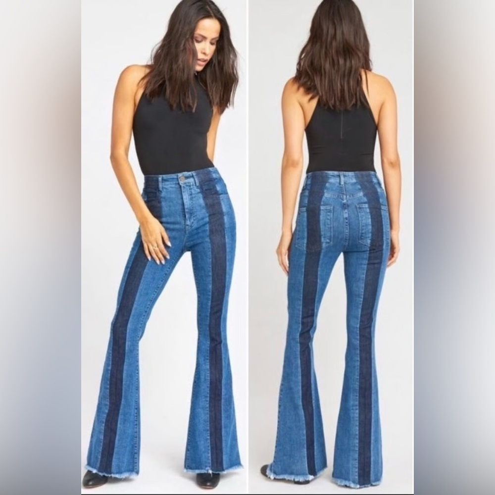 Show Me Your MuMu Revolve Blue Denim Bell Flare Striped Boho Western Jeans Sz 27